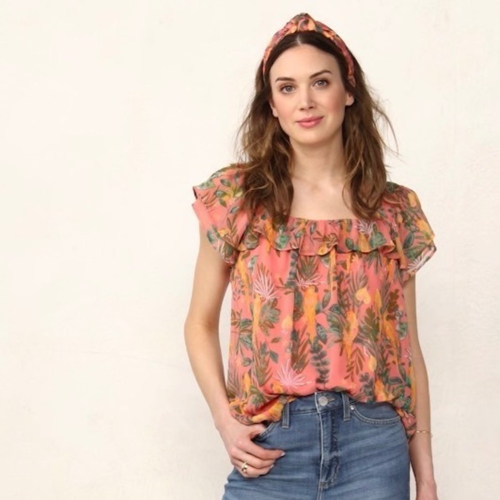 LC LAUREN CONRAD Plus Coral Multi Tropical Bird Flutter Sleeve Peasant Top 3X